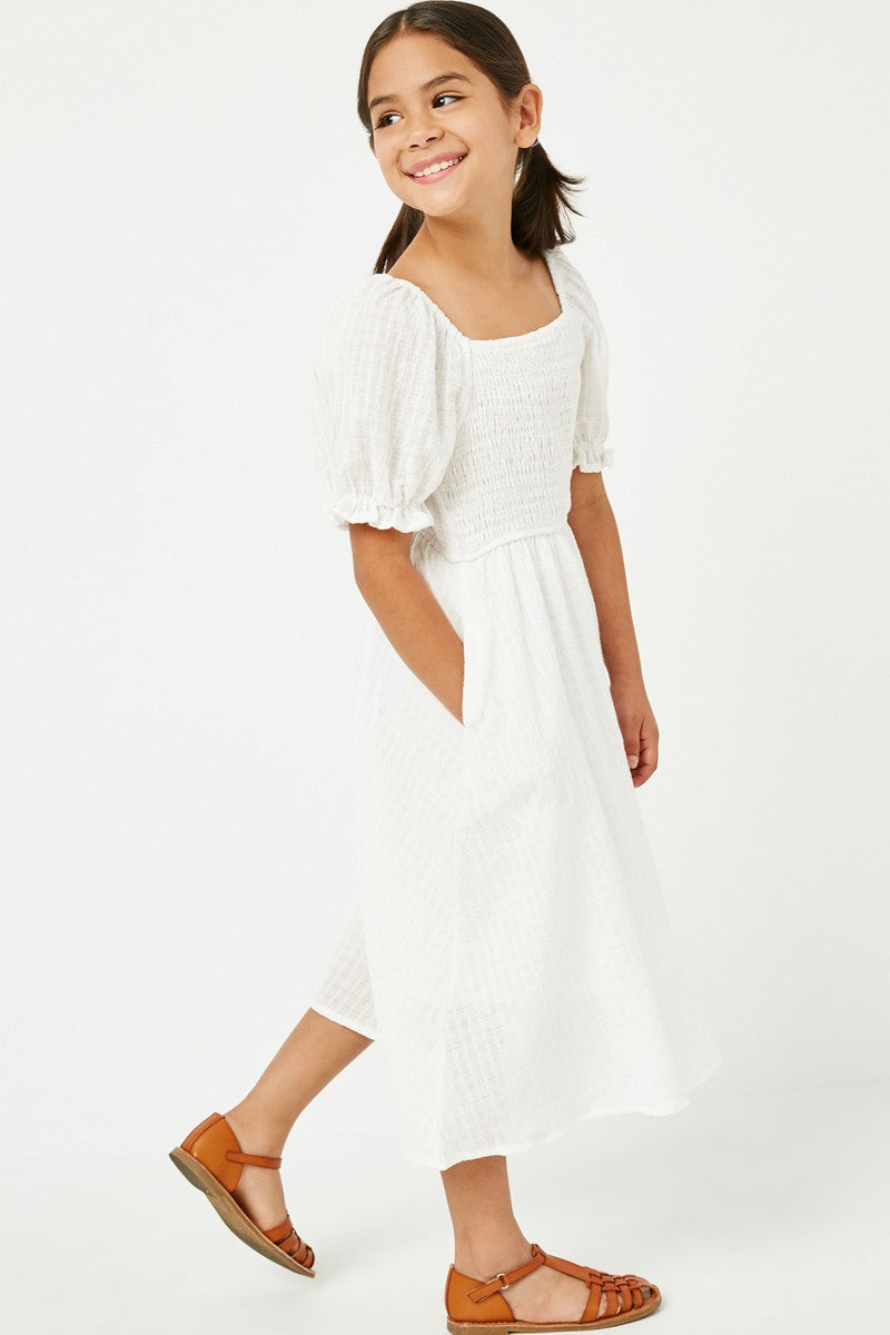 off white smocked bodice puff sleeve midi dress SugarNSpice