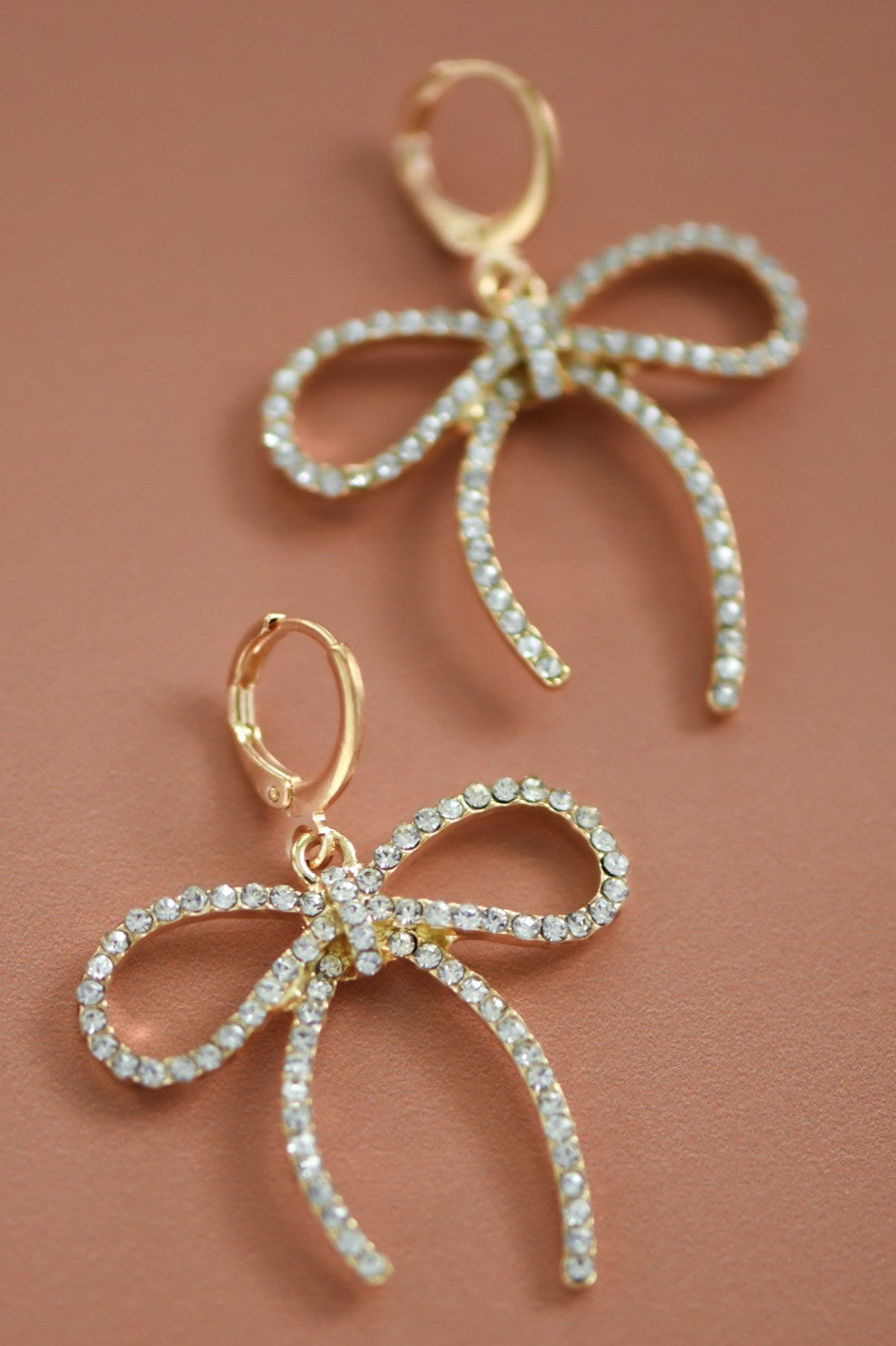 trendy gold rhinestone bow earrings