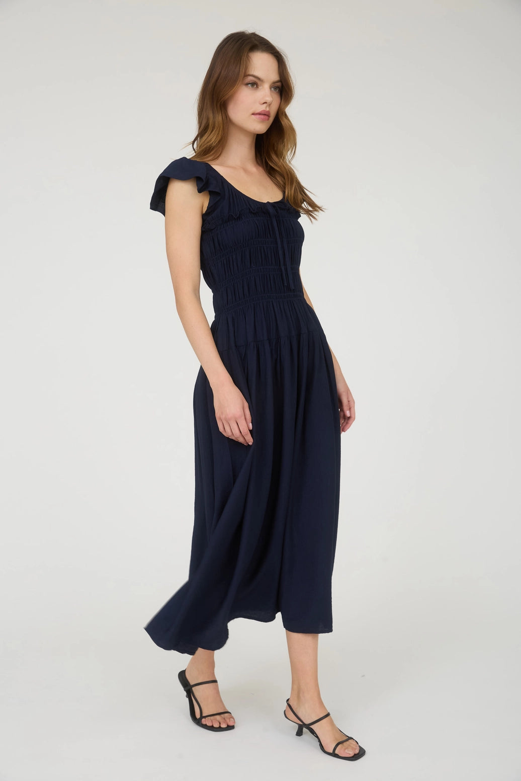 navy ruffle midi dress navy shirred bodice ruffle midi dress Large