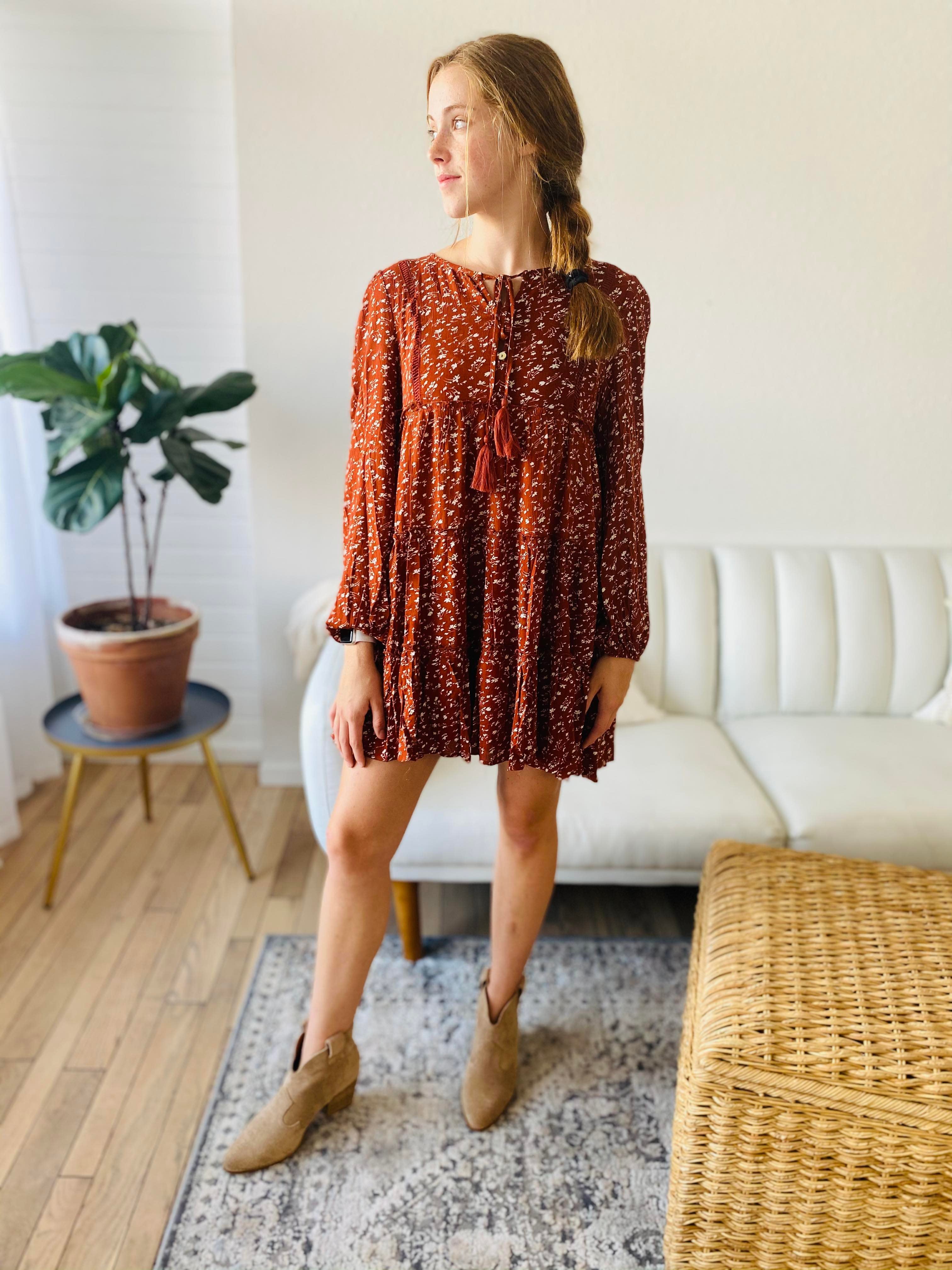 rust long sleeve mini dress rust floral long sleeve mini dress – Sugar-N-Spice Children's and Tween +  Lily Zita Teen Boutique