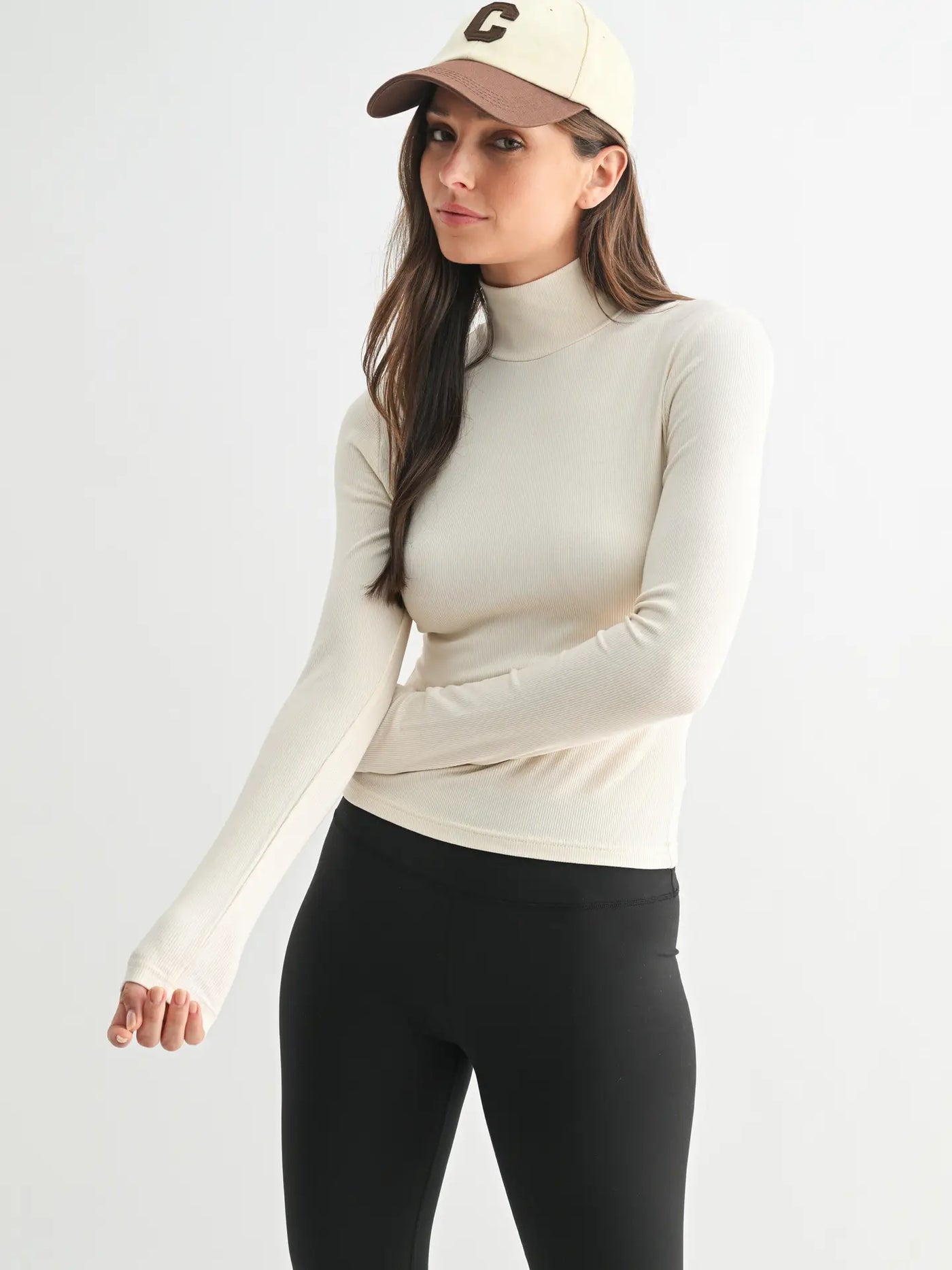 natural micro ribbed long sleeve turtleneck