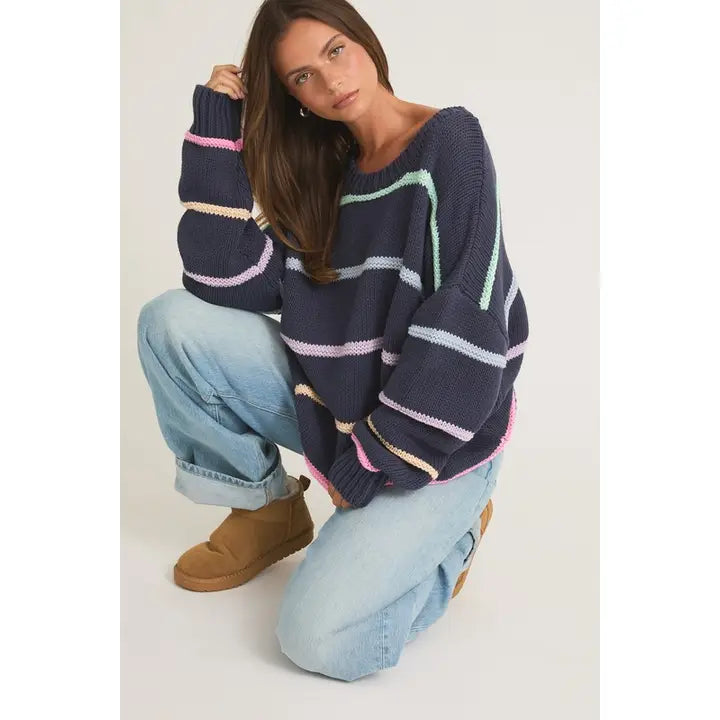 navy and pastel stripe sweater