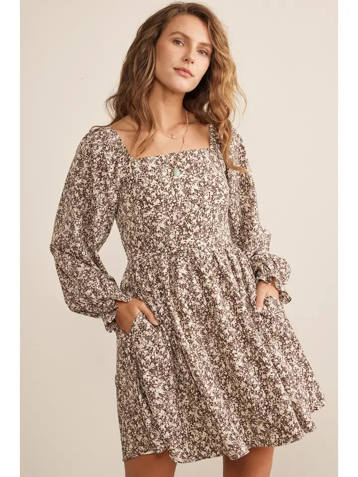 brown/cream floral print square neck mini dress – Sugar-N-Spice Children's and Tween + Lily Zita Teen Boutique