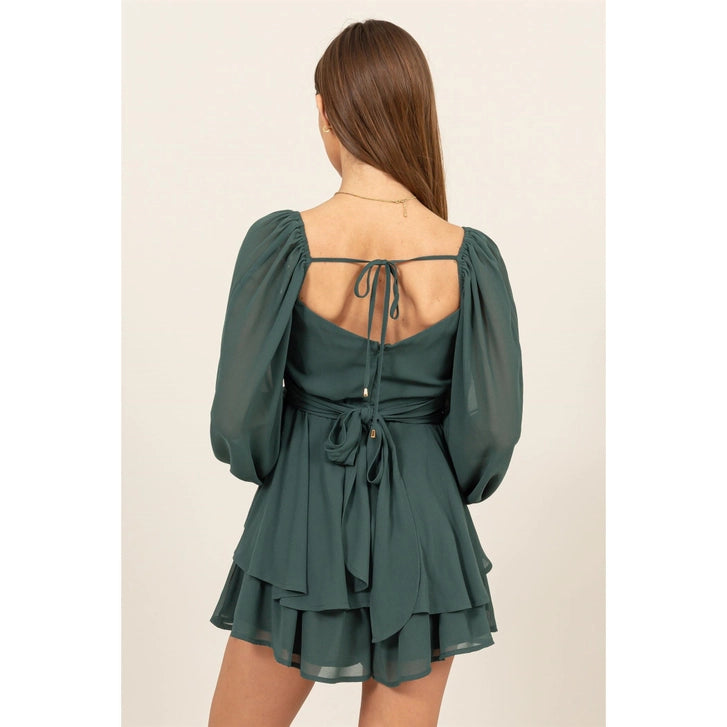 teal green ruffled mini dress