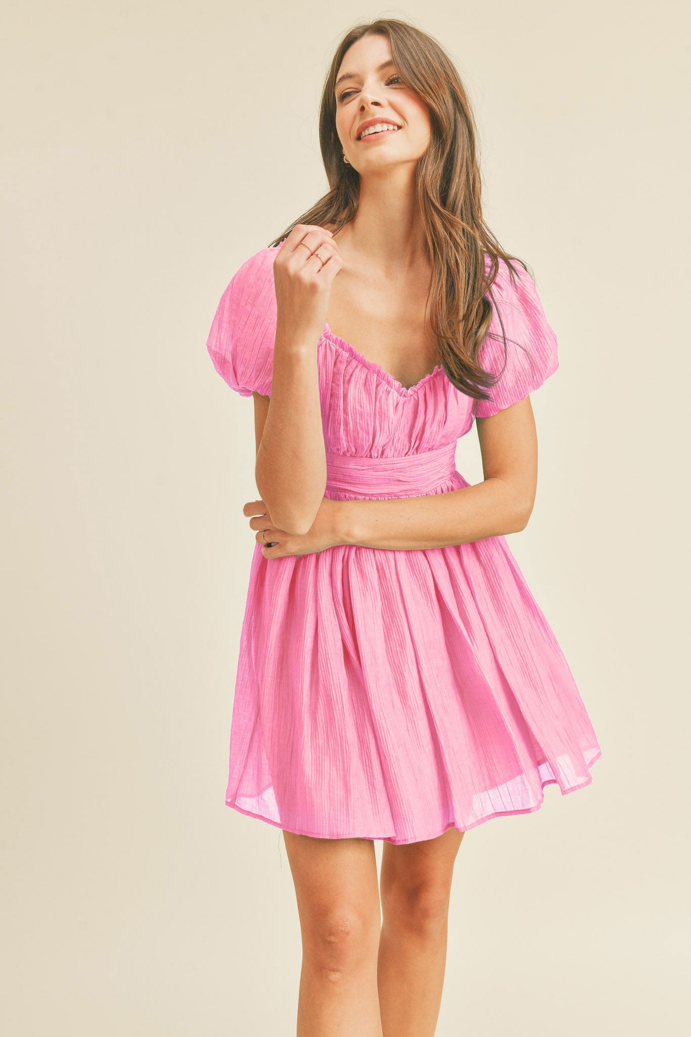 cool pink lace up back mini dress