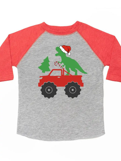 santa dino monster truck Christmas 3/4 shirt