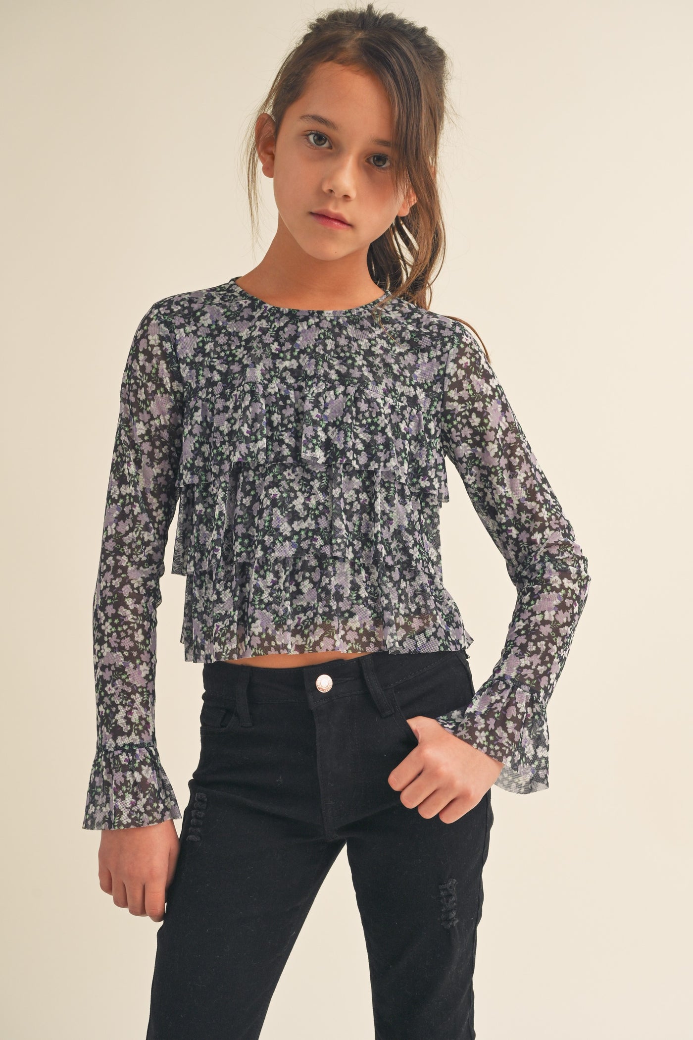 purple floral ruffle ls top