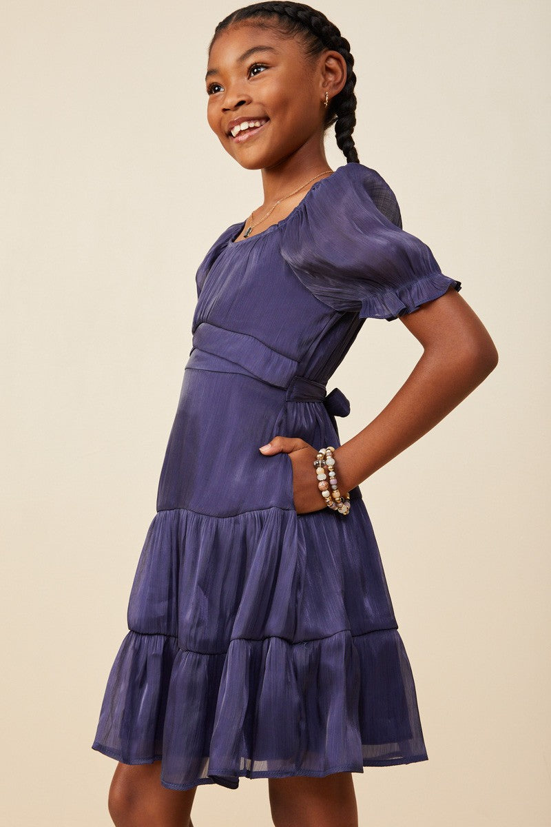 tween navy shimmer tie dress