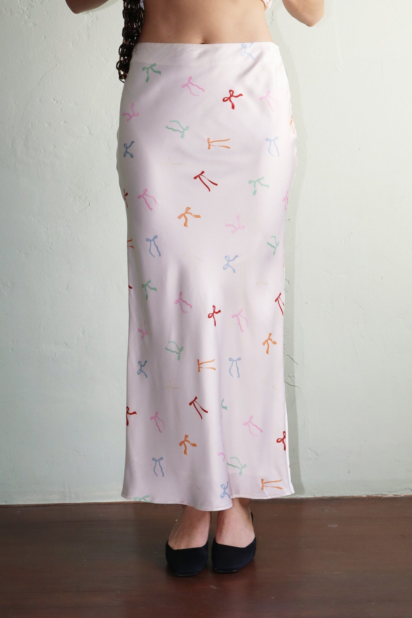 pastel ribbon satin midi skirt