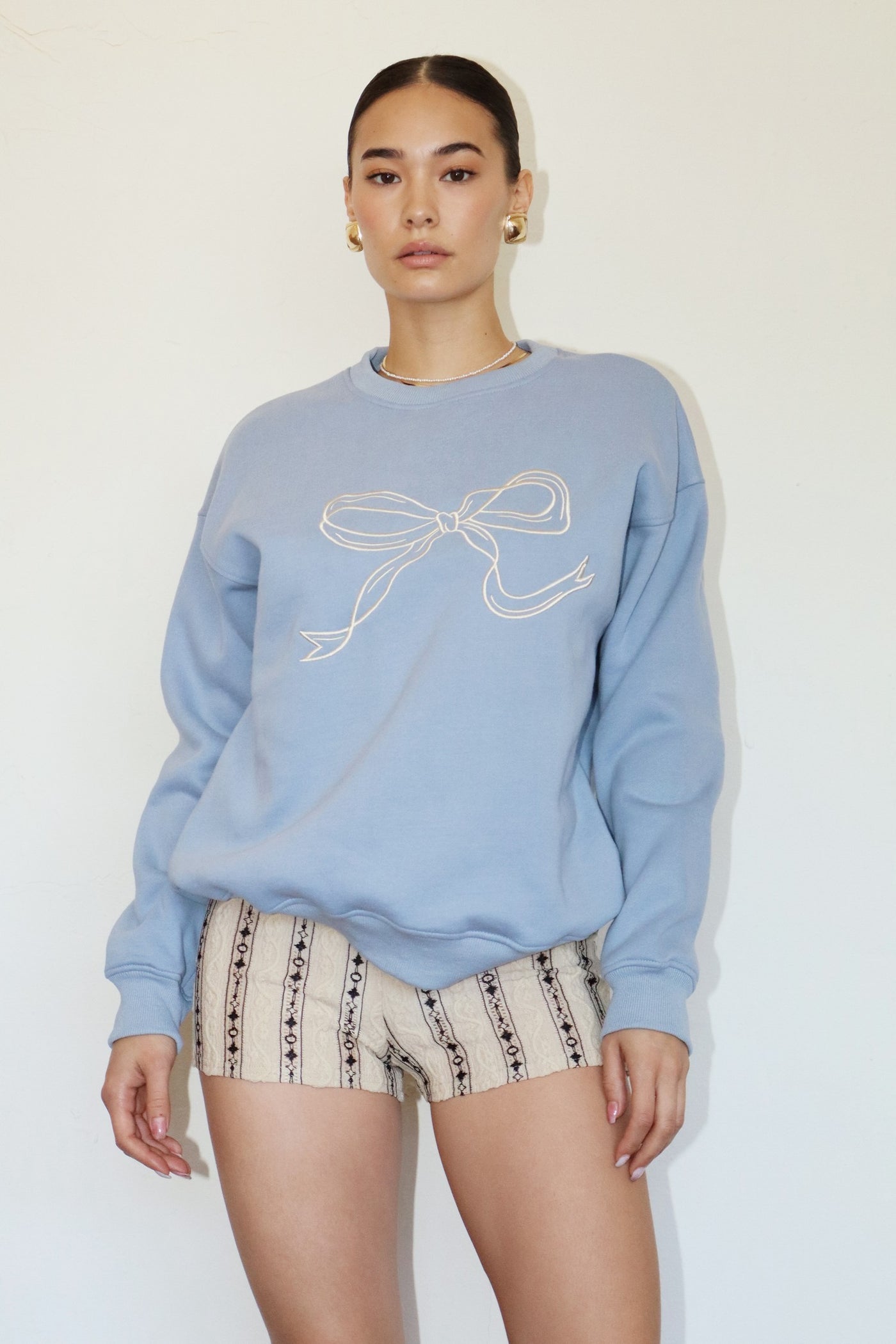 milky blue/cream embroidered ribbon crewneck sweatshirt