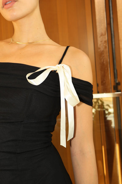 black off the shoulder ribbon strap dress