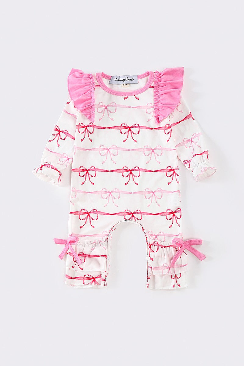 pink stripe bow ruffle romper