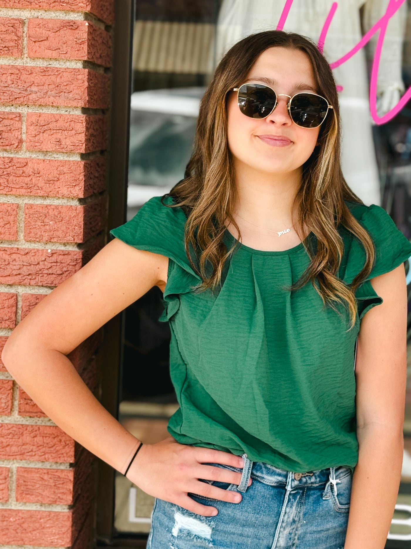 green crinkle pleated flutter sleeve blouse