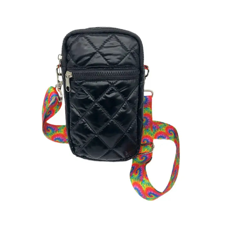 black puffer bag with tie dye strap