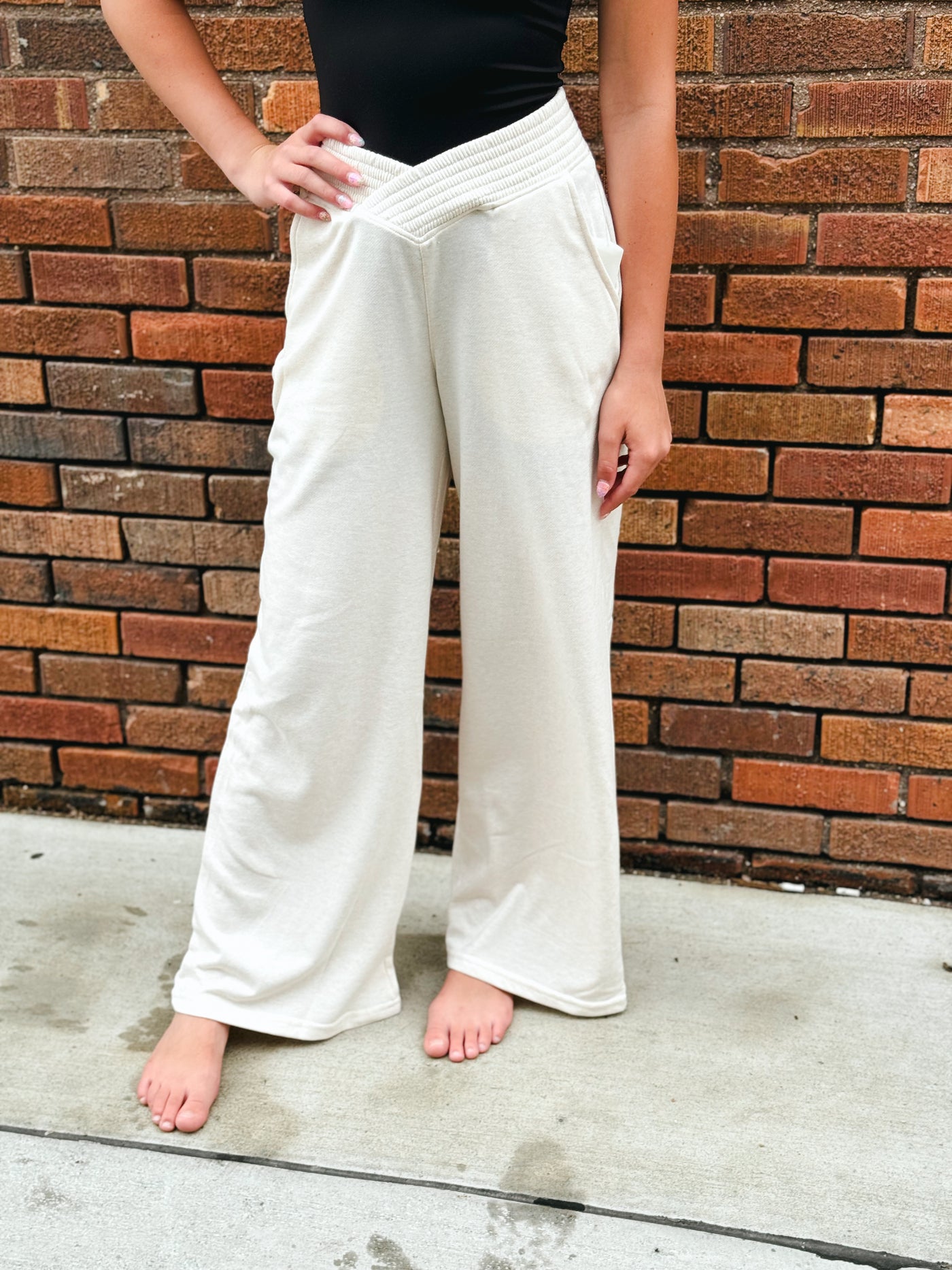 natural ribbed crossover wide leg lounge pants