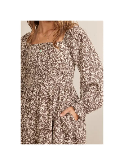 brown/cream floral print square neck mini dress