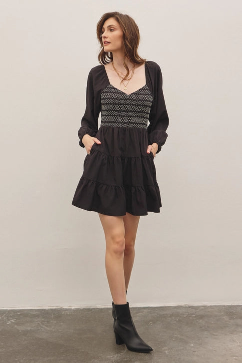 black smocked sweetheart neckline dress