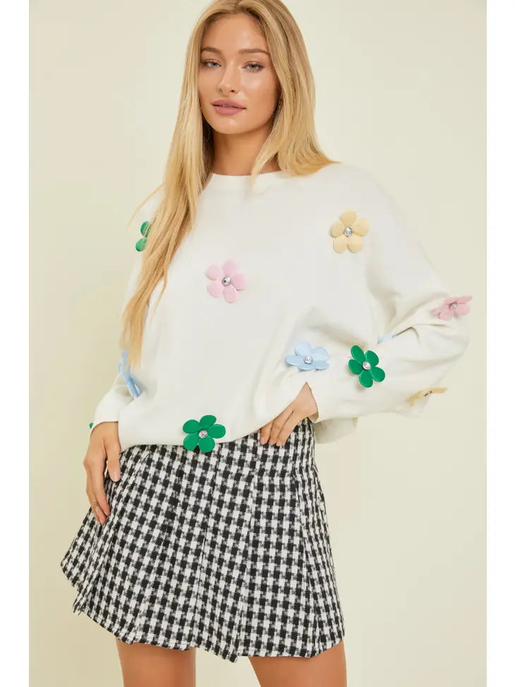 ivory funky floral applique sweater
