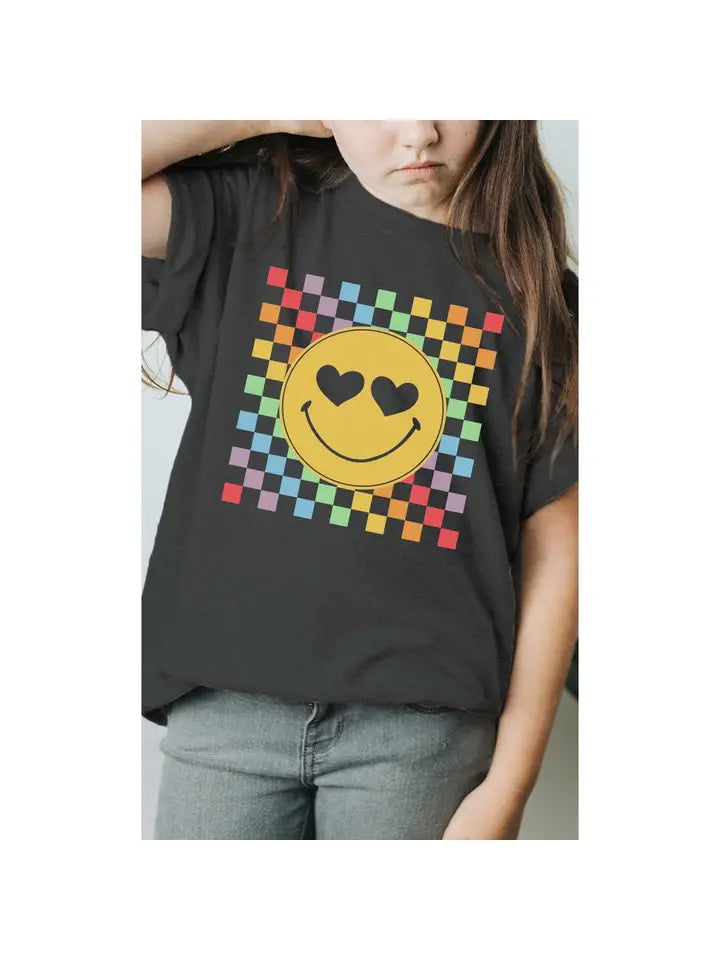 rainbow checkerboard happy face tee