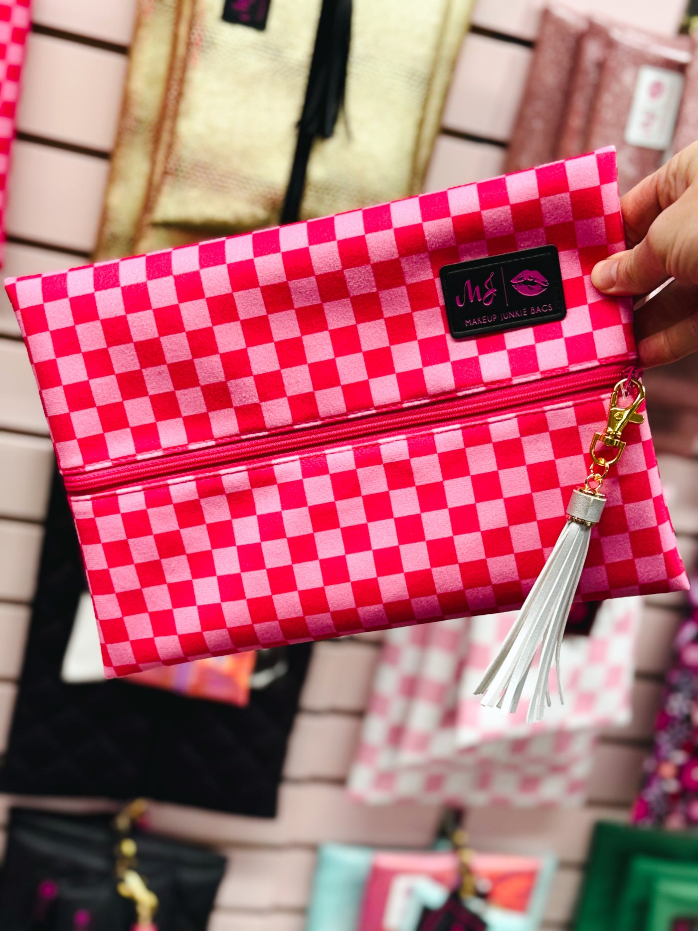 make up junkie bag pink/hot pink check