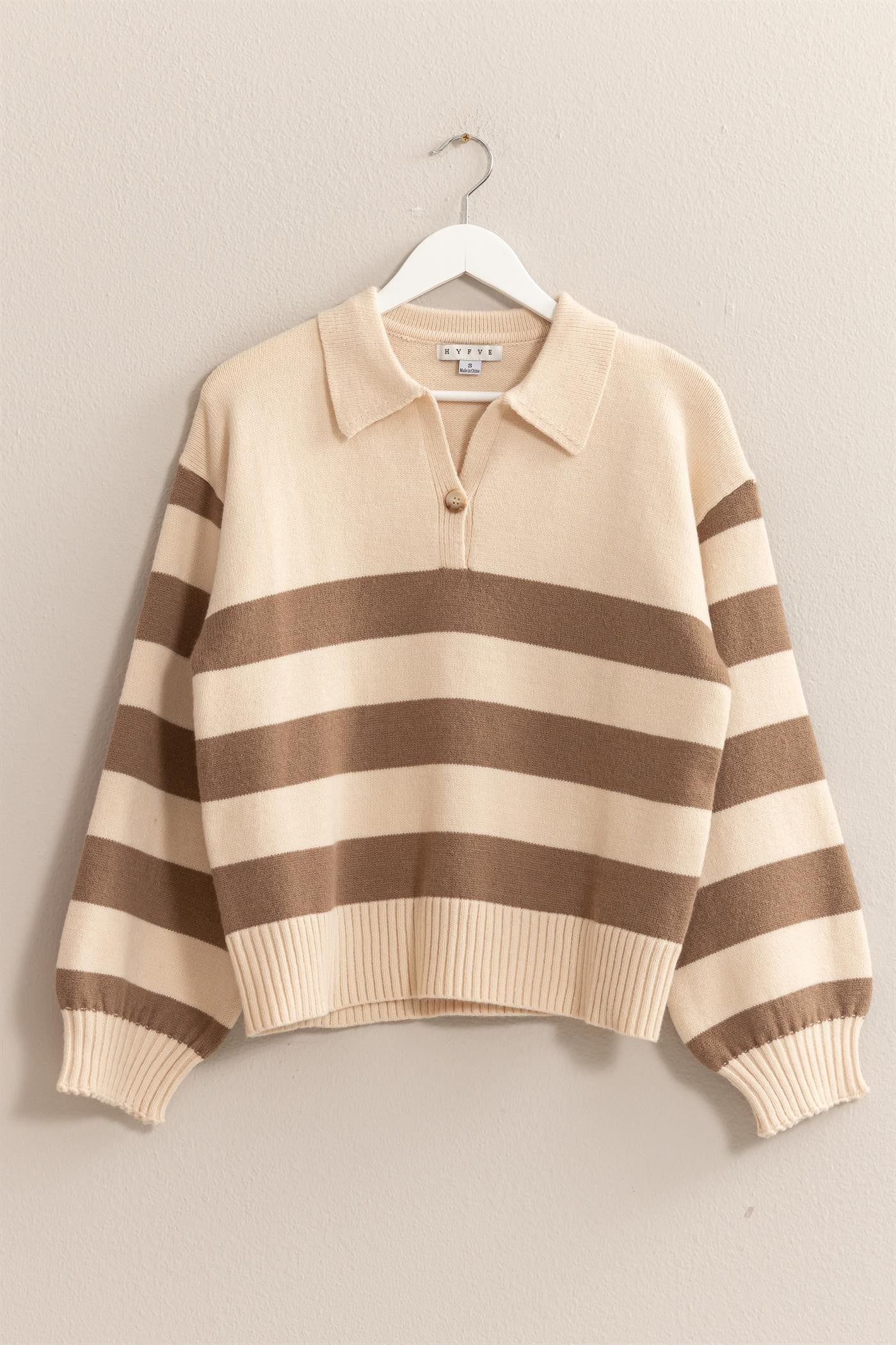 camel collared stripe sweater