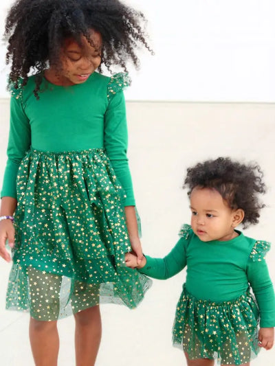 emerald shimmer Christmas long sleeve tutu dress