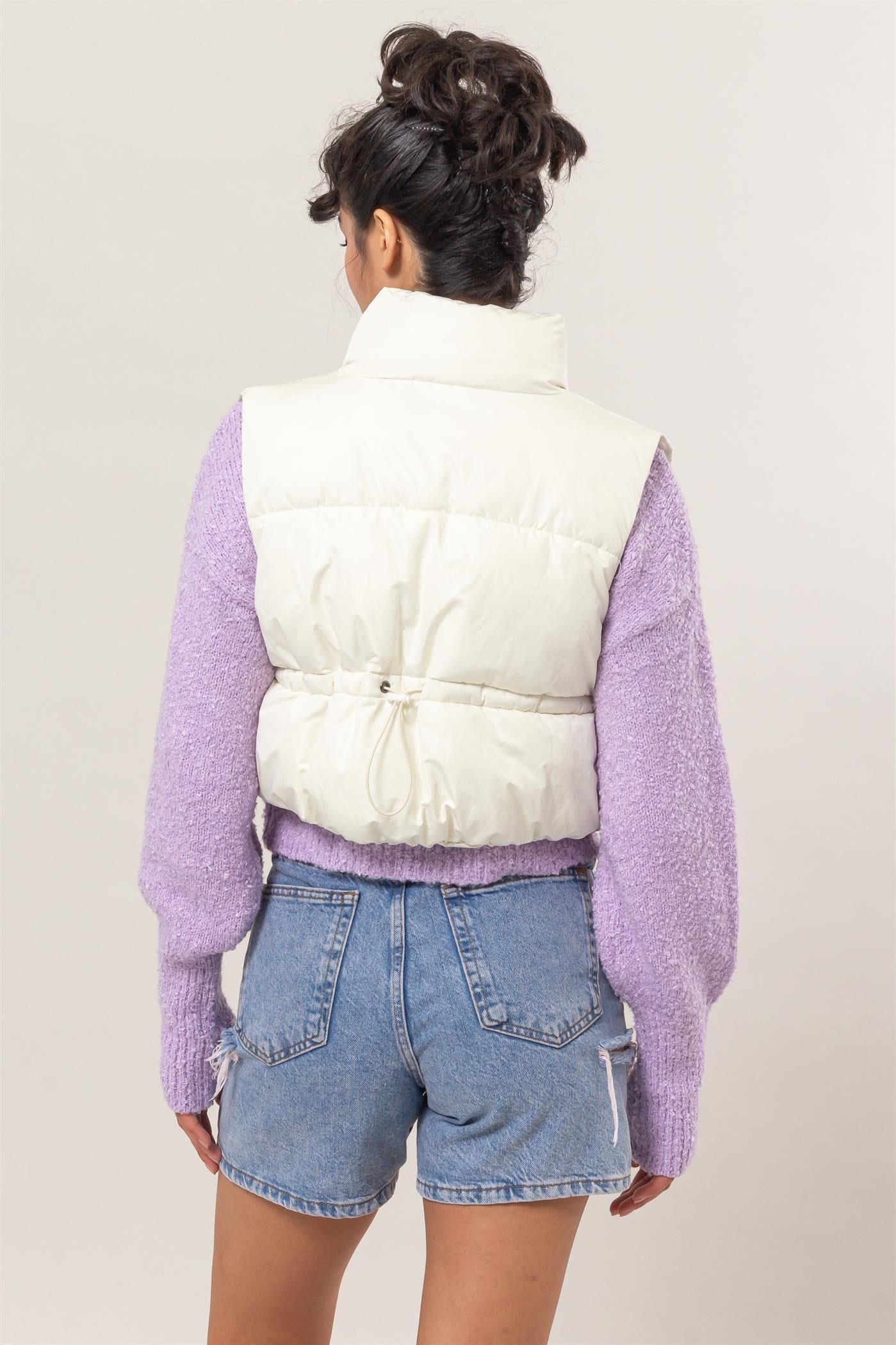 cream cropped zipper puffer vest