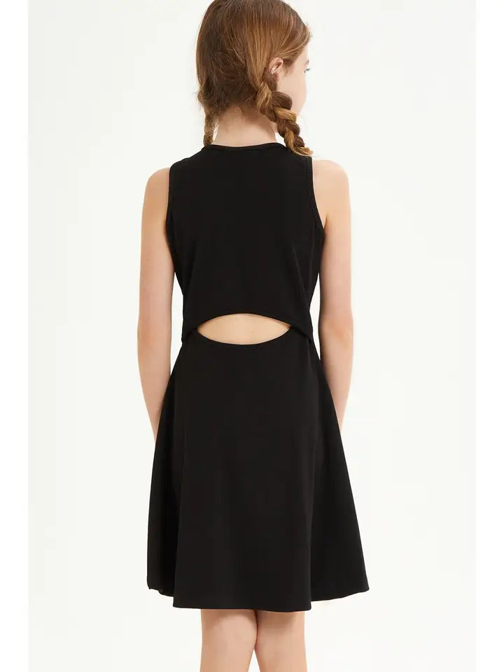 black cutout back sleeveless fit and flare dress