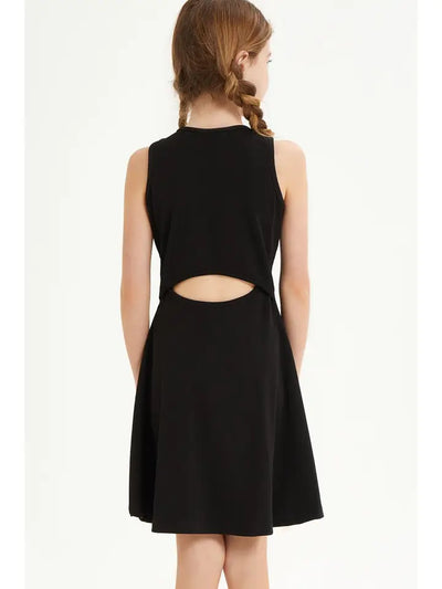 black cutout back sleeveless fit and flare dress