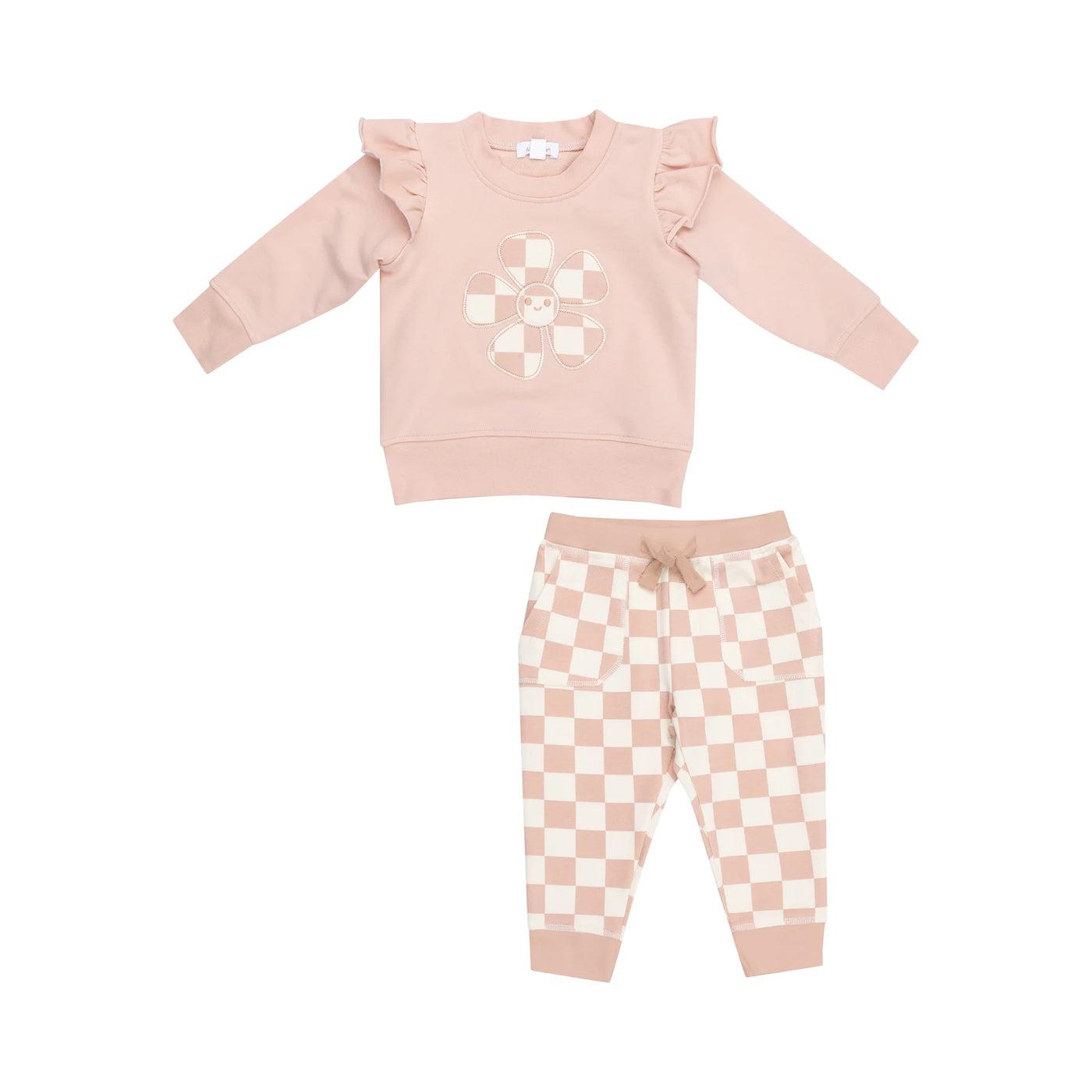 french terry checkerboard pink ruffle patch sweatshirt + jogger set