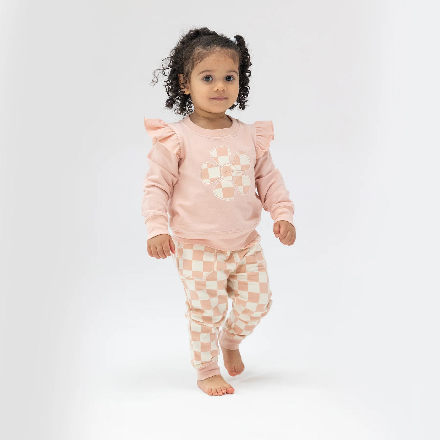 french terry checkerboard pink ruffle patch sweatshirt + jogger set