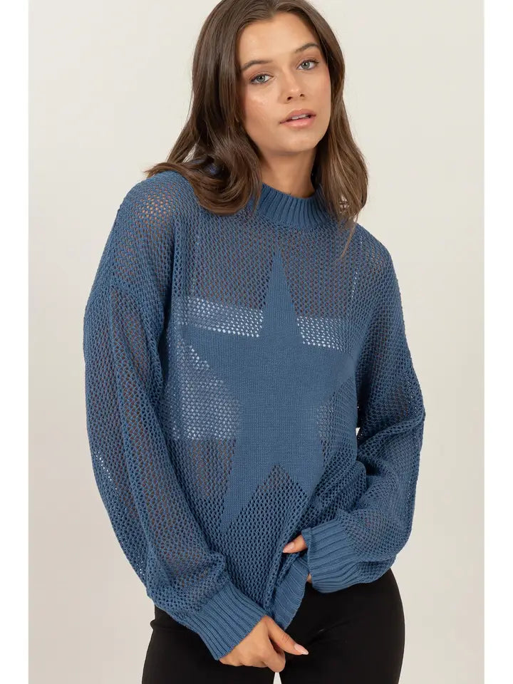 dark blue open stitch star sweater