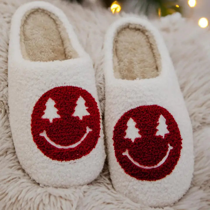 Christmas tree happy face slippers