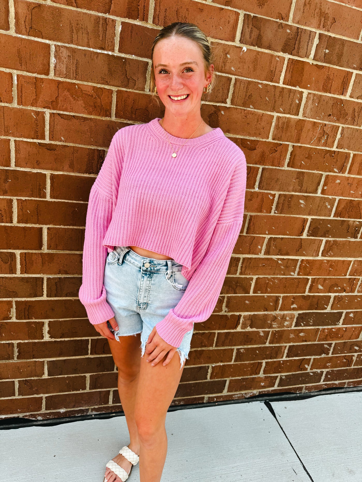 rose pink cropped knit sweater