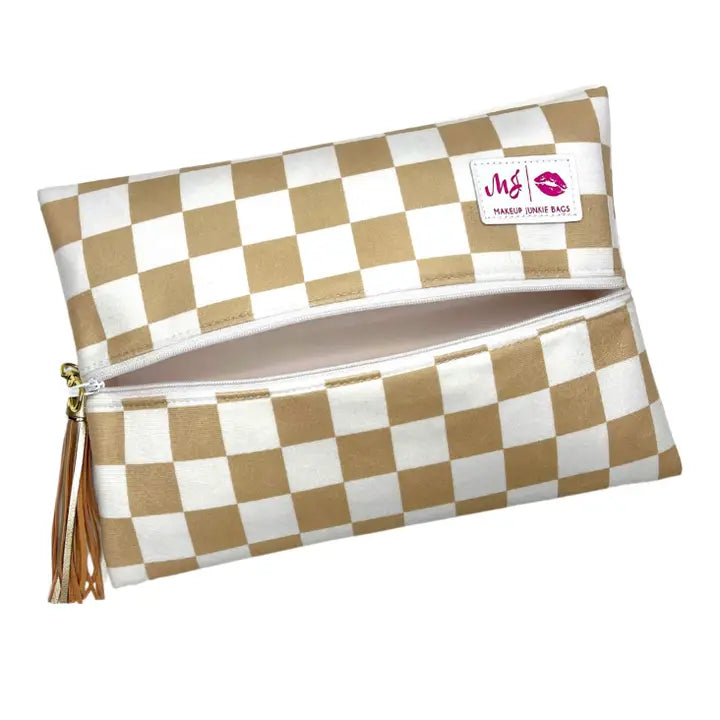 make up junkie bag khaki checkered