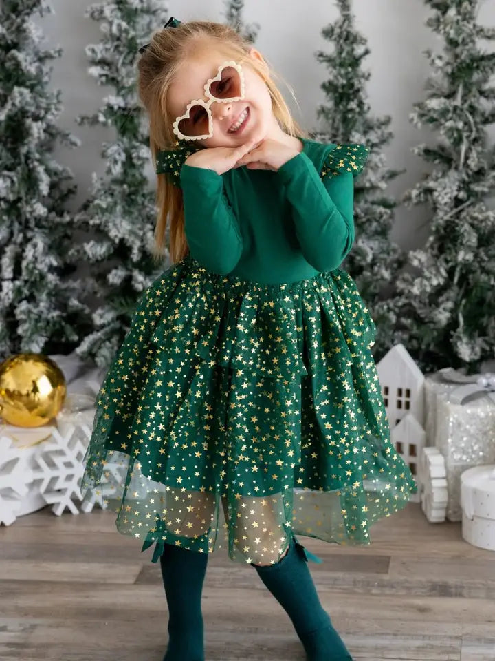 emerald shimmer Christmas long sleeve tutu dress