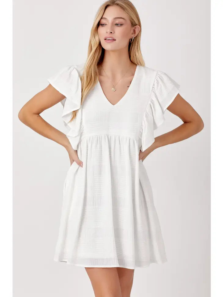 white textured ruffle sleeve dress