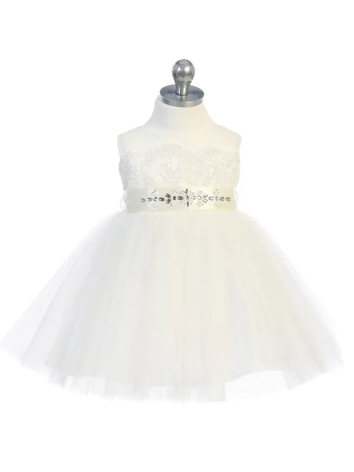 Baptismal Lace Applique Bodice with a Tulle Skirt.