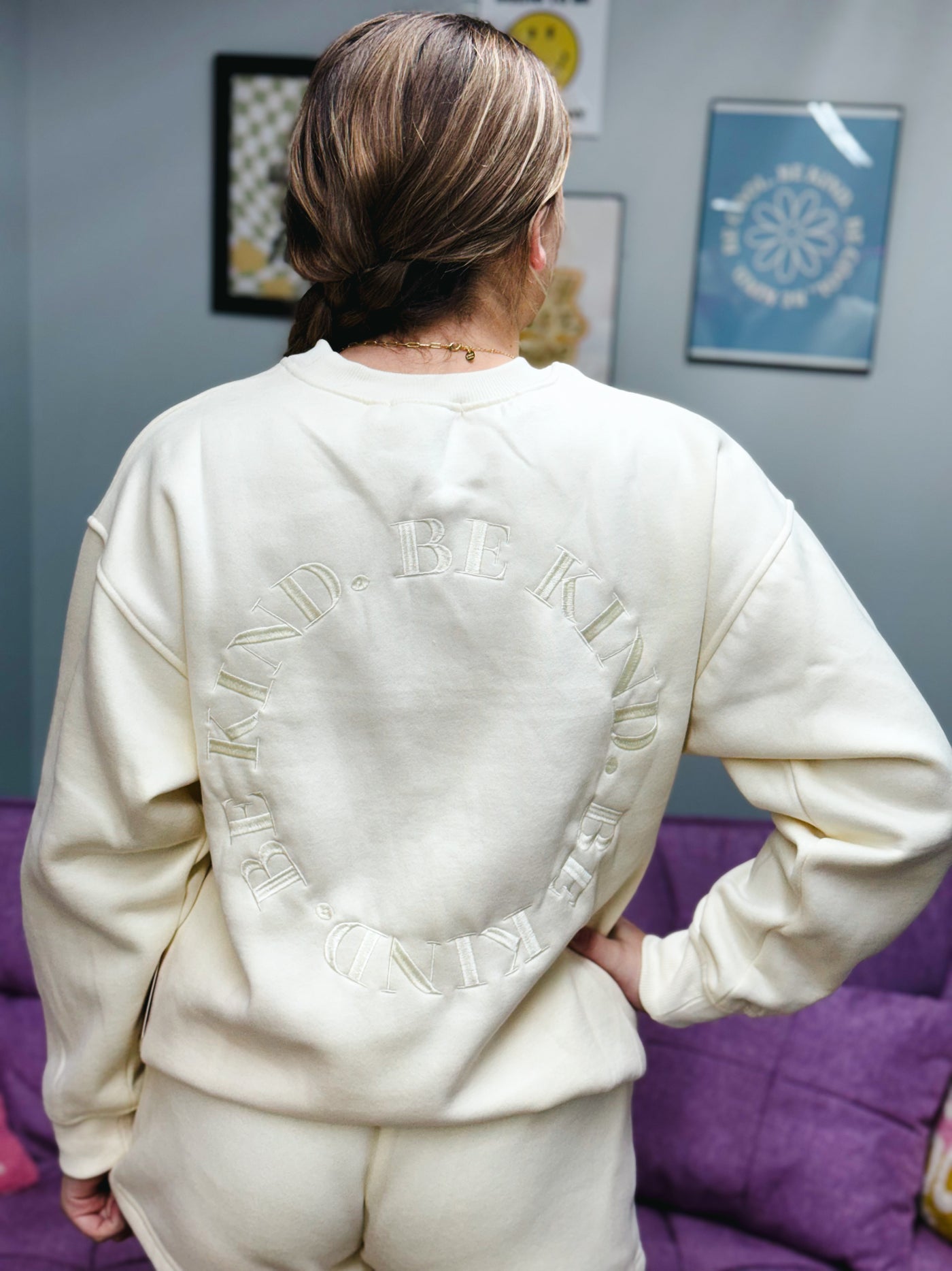 cream embroidered be kind crewneck sweatshirt