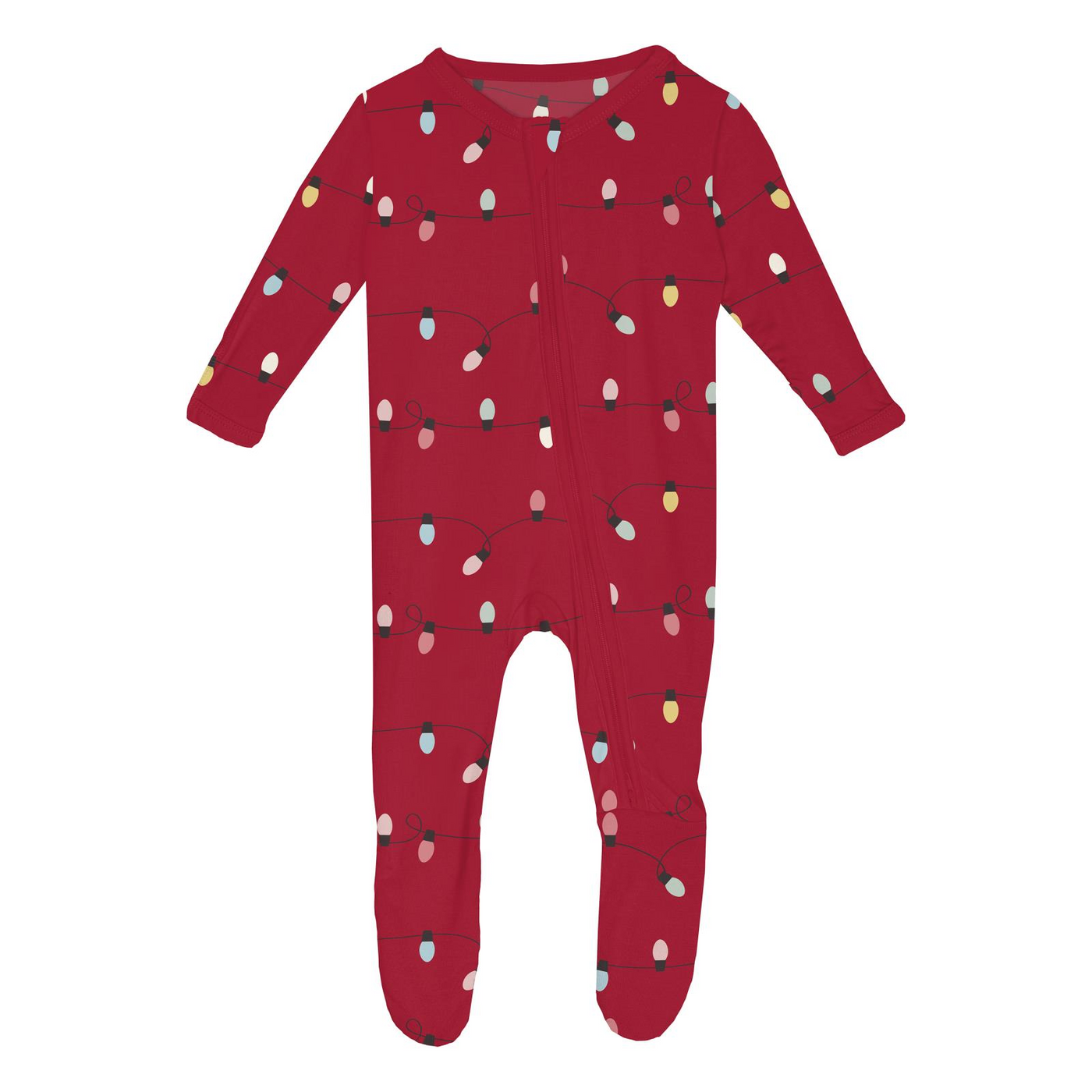 crimson holiday lights print footie w/ 2 way zipper
