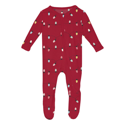 crimson holiday lights print footie w/ 2 way zipper