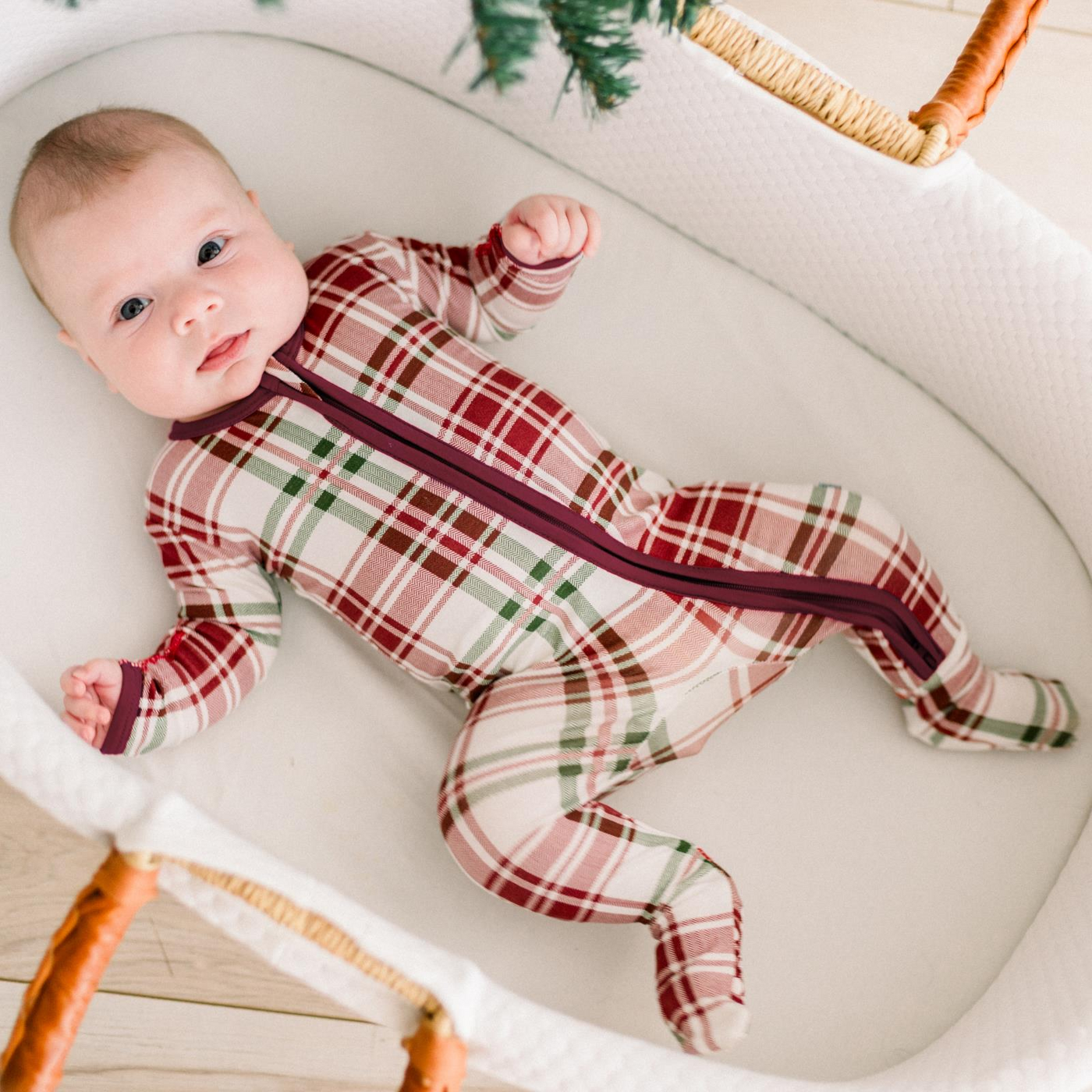 fireside plaid print footie w/ 2 way zipper