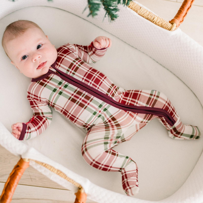 fireside plaid print footie w/ 2 way zipper