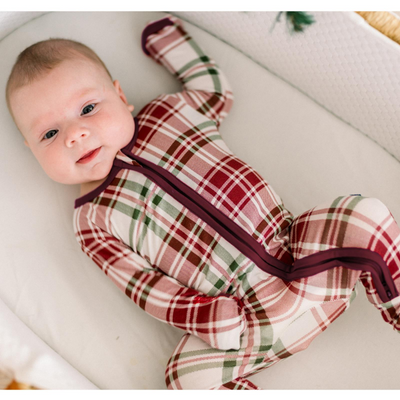 fireside plaid print footie w/ 2 way zipper