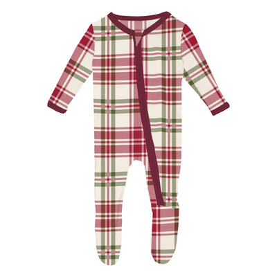 fireside plaid print footie w/ 2 way zipper