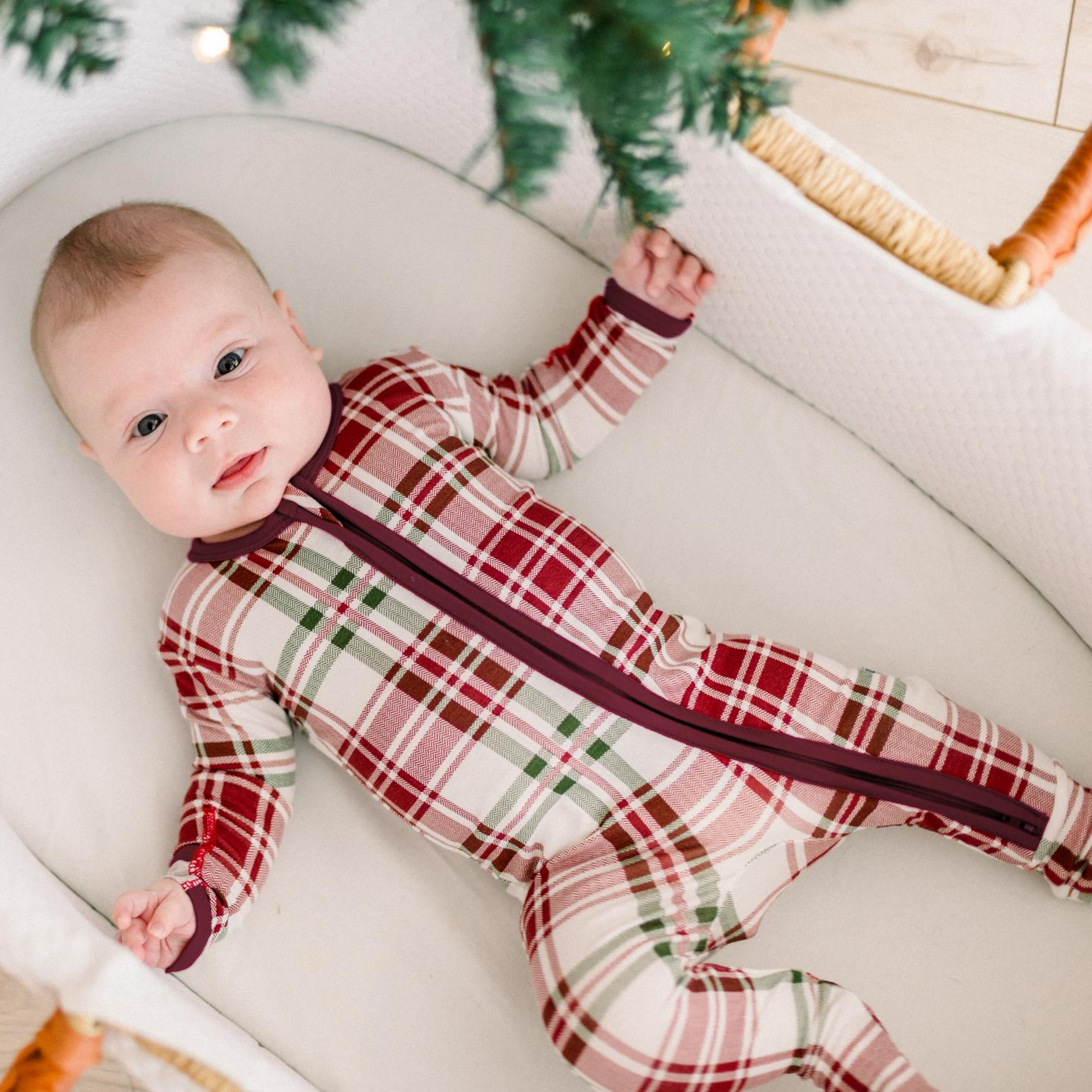fireside plaid print footie w/ 2 way zipper