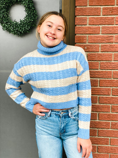 moxy blue stripe crop turtleneck sweater
