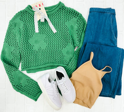 green flower knit sweater