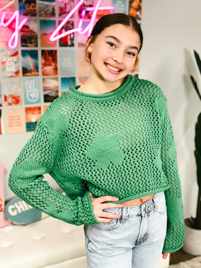 green flower knit sweater