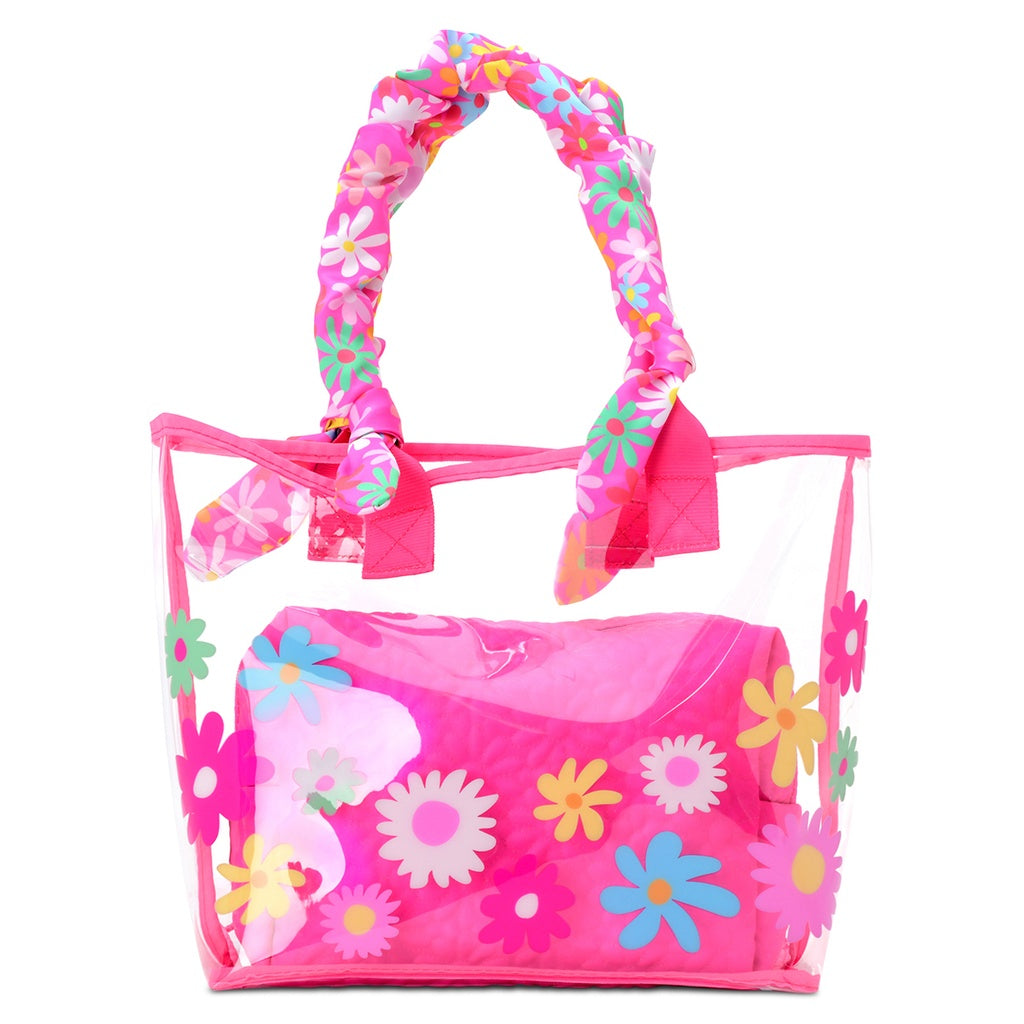 puffy flower clear tote and cosmetic bag